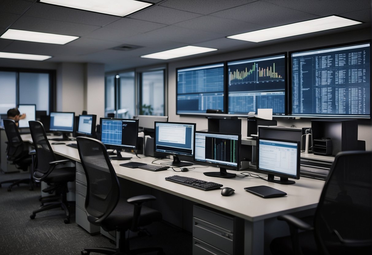 An office setting with a computer screen displaying data erasure best practices, surrounded by employees engaged in training materials