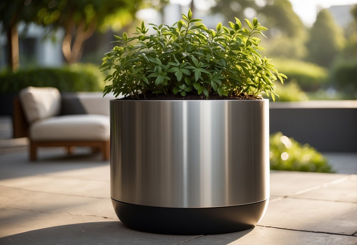 A steel planter sits on a sunny patio, surrounded by lush green plants. The planter is sleek and modern, blending seamlessly with the natural environment