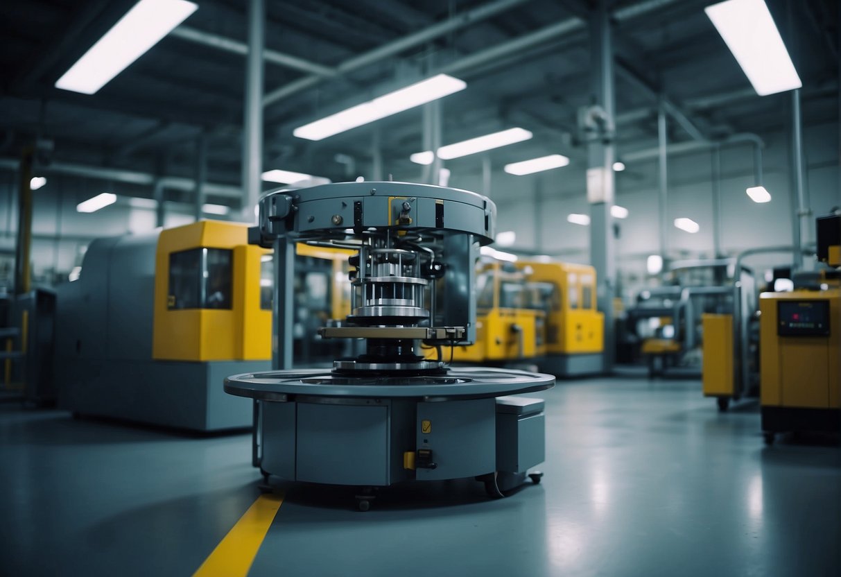 A factory floor with machinery in motion, data erasure software being used on electronic devices, and security measures in place to protect products