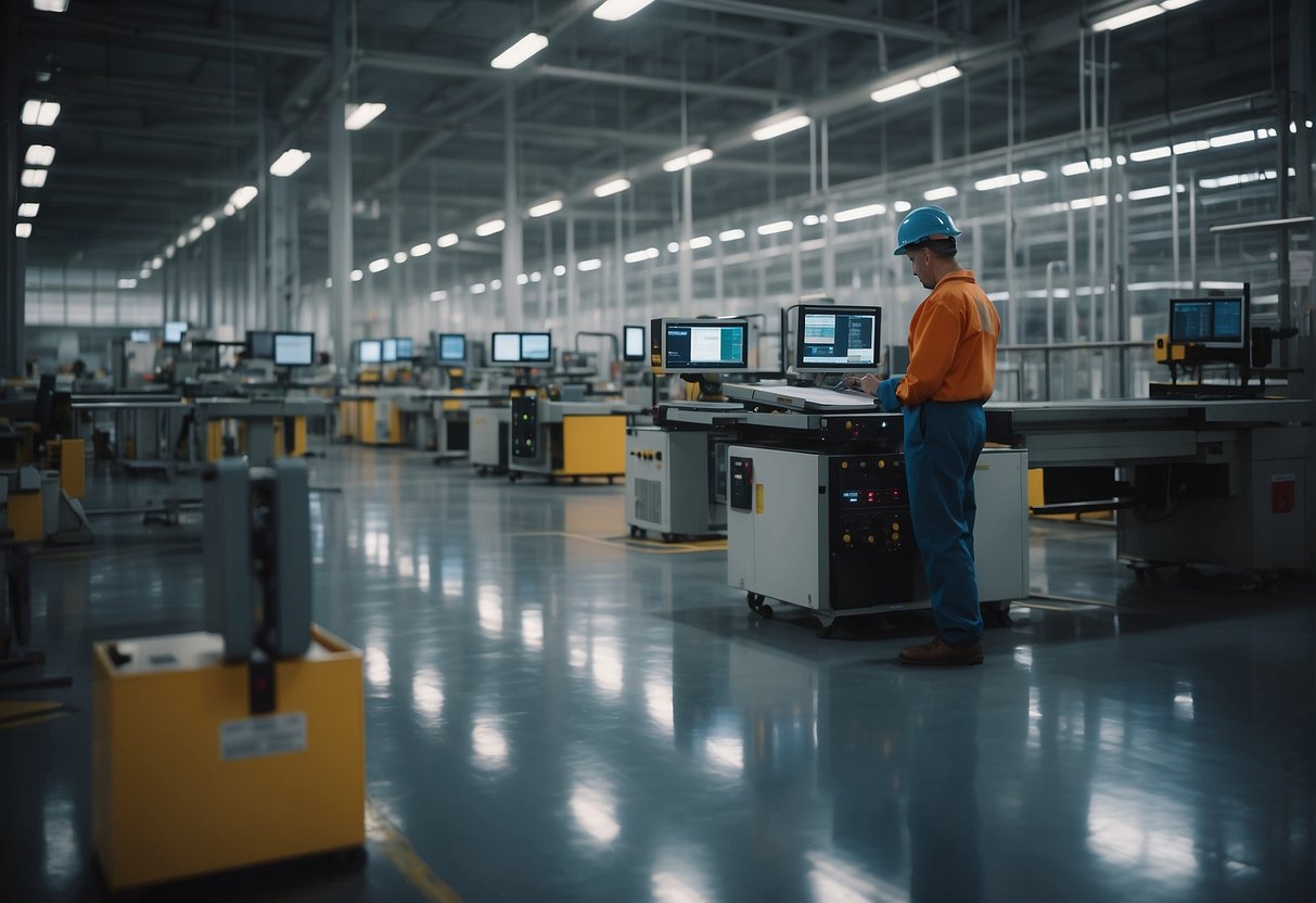 A factory floor with workers using specialized equipment to securely erase data from manufacturing machinery and products. Signs and labels indicating compliance with data security regulations