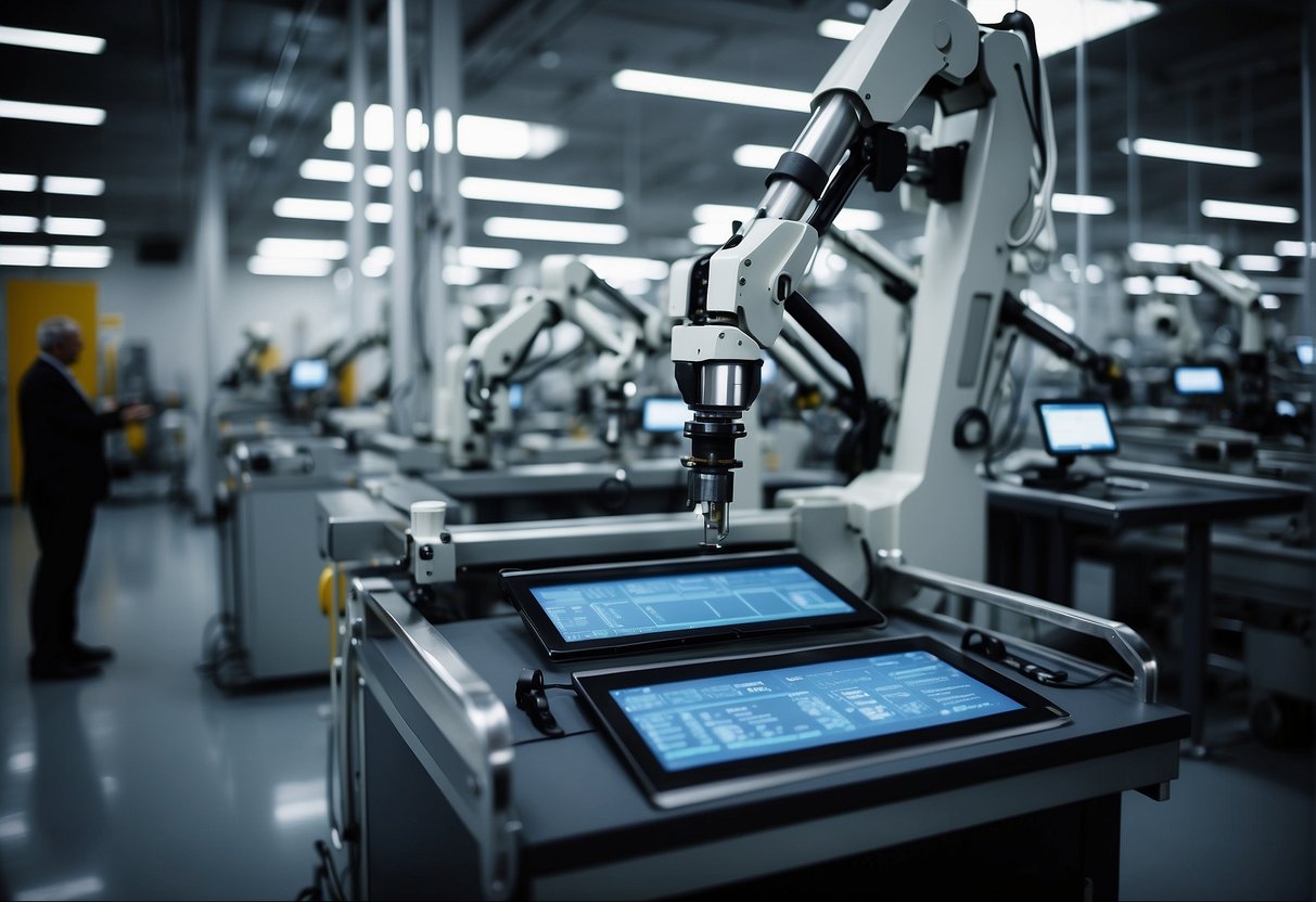 A high-tech manufacturing facility with advanced security measures and data erasure technology. Robotic arms work on assembly lines, while computer systems monitor and protect sensitive product information