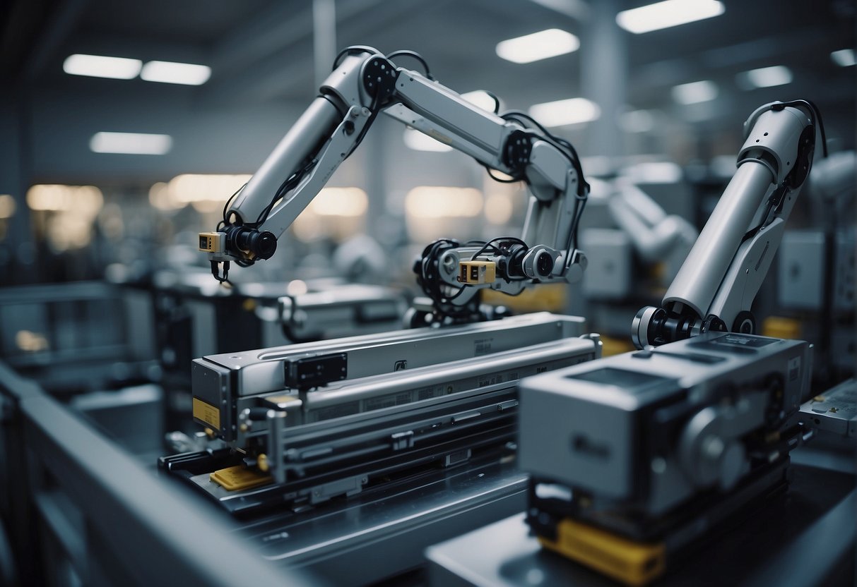 A factory floor with robotic arms erasing data from electronic devices, ensuring product security in the manufacturing sector