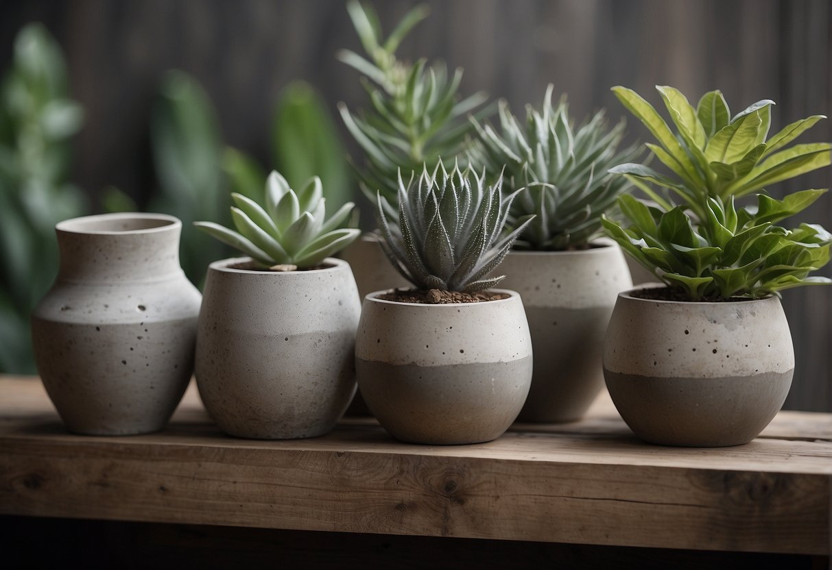 Concrete pots arranged on a weathered wooden shelf