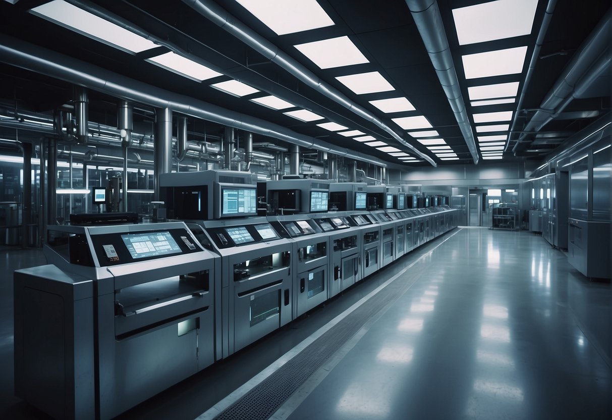 A futuristic manufacturing facility with advanced data security measures, including data erasure technology integrated into production lines