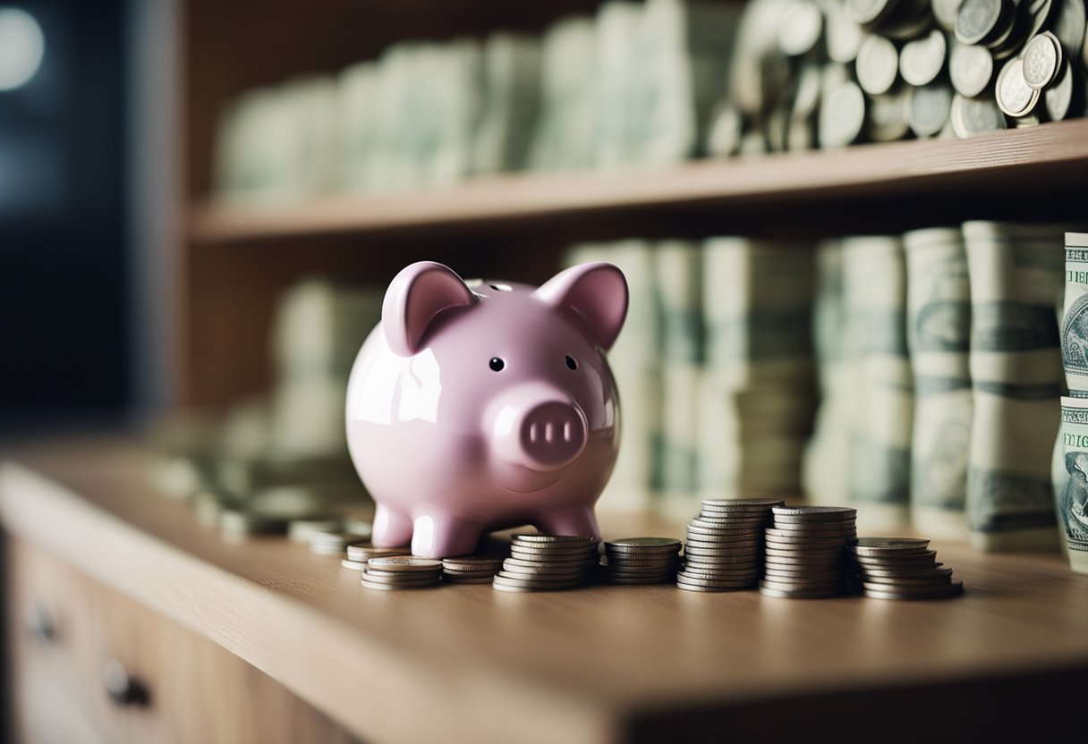 A piggy bank sits on a shelf, filled with coins and bills. A hand places more money into the slot, symbolizing saving strategies to manage money