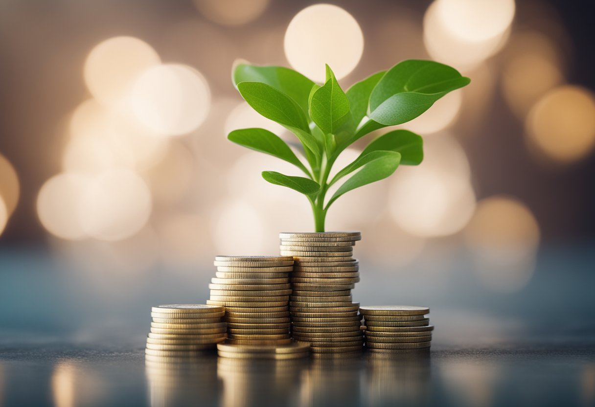 A stack of coins and a growing plant symbolize investment principles managing money