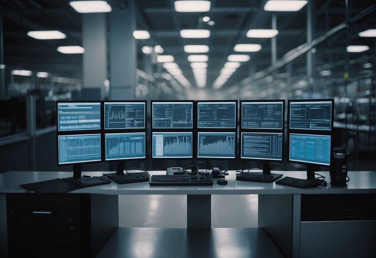 A manufacturing plant with conveyor belts, robotic arms, and computer screens displaying data erasure processes. Security measures like biometric scanners and locked storage units are visible