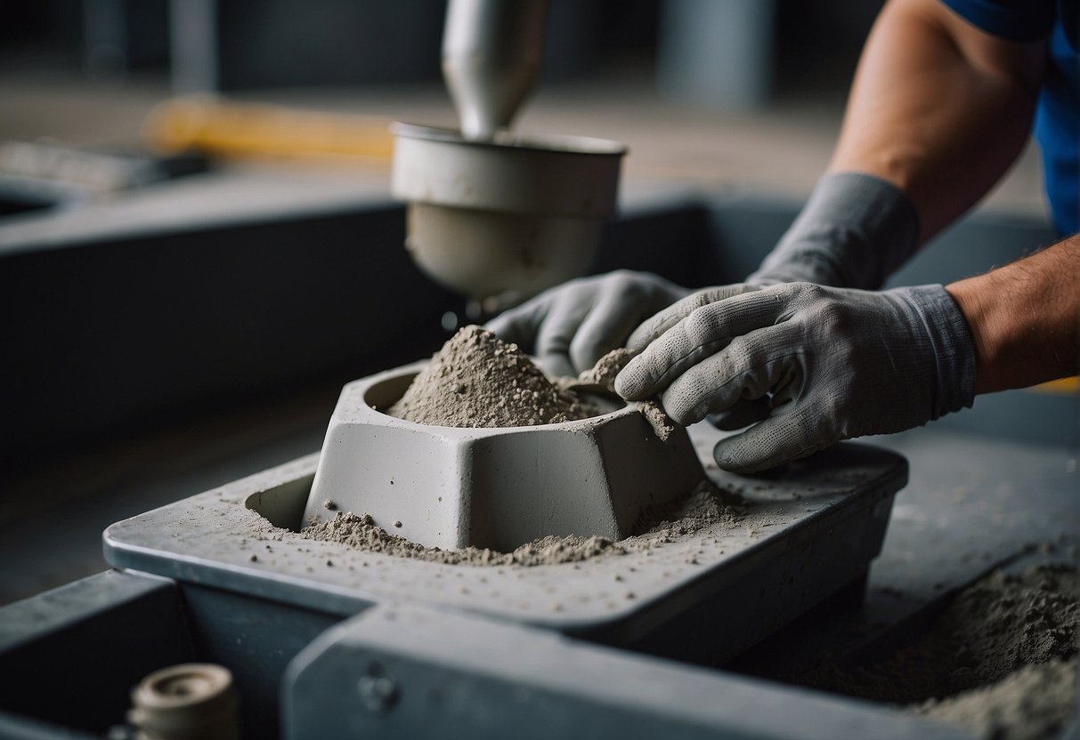 Concrete being mixed in a large container, then poured into molds for making concrete pots