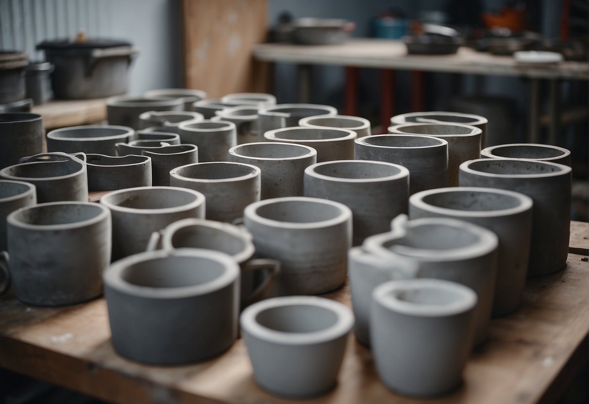 Concrete pots being cured and demoulded with tools and equipment in a workshop setting