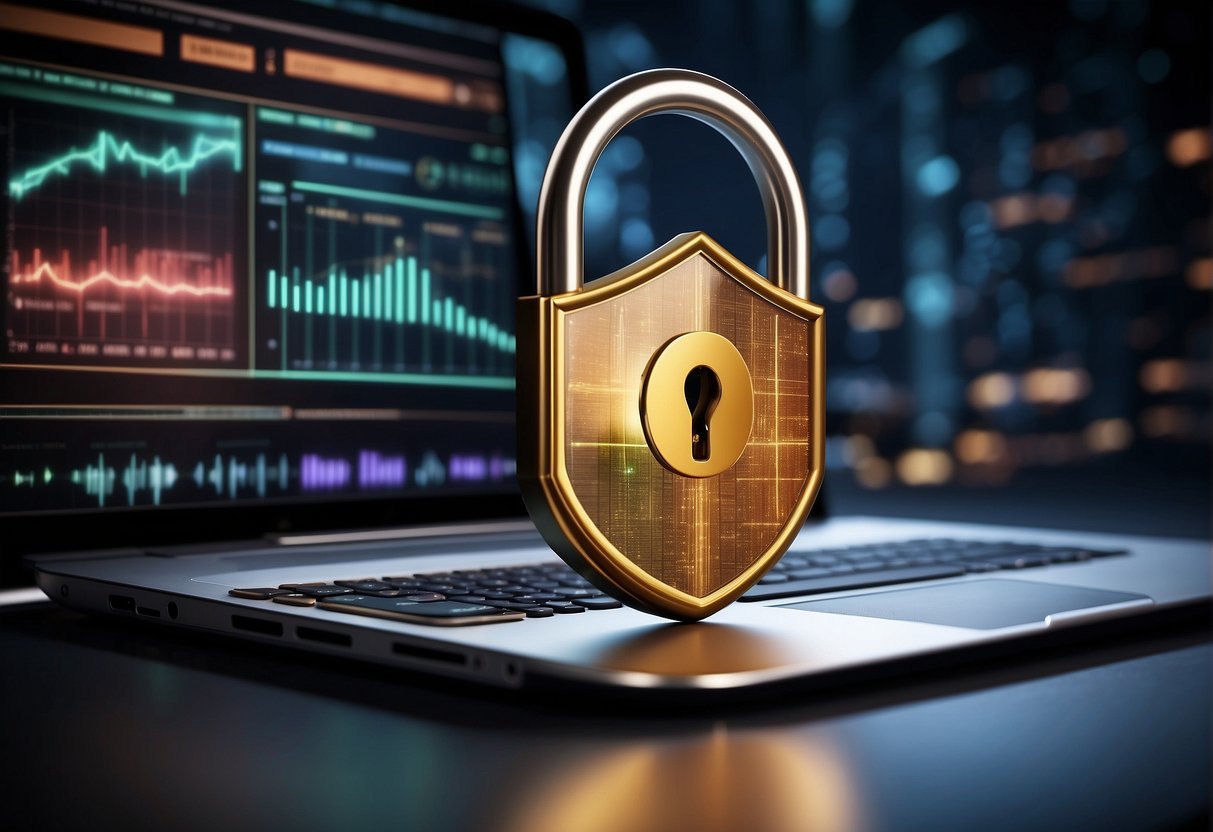 A computer screen displaying a secure data erasure process, with a lock icon symbolizing protection. A bar graph shows increased efficiency and cost savings, while a shield represents competitive advantage