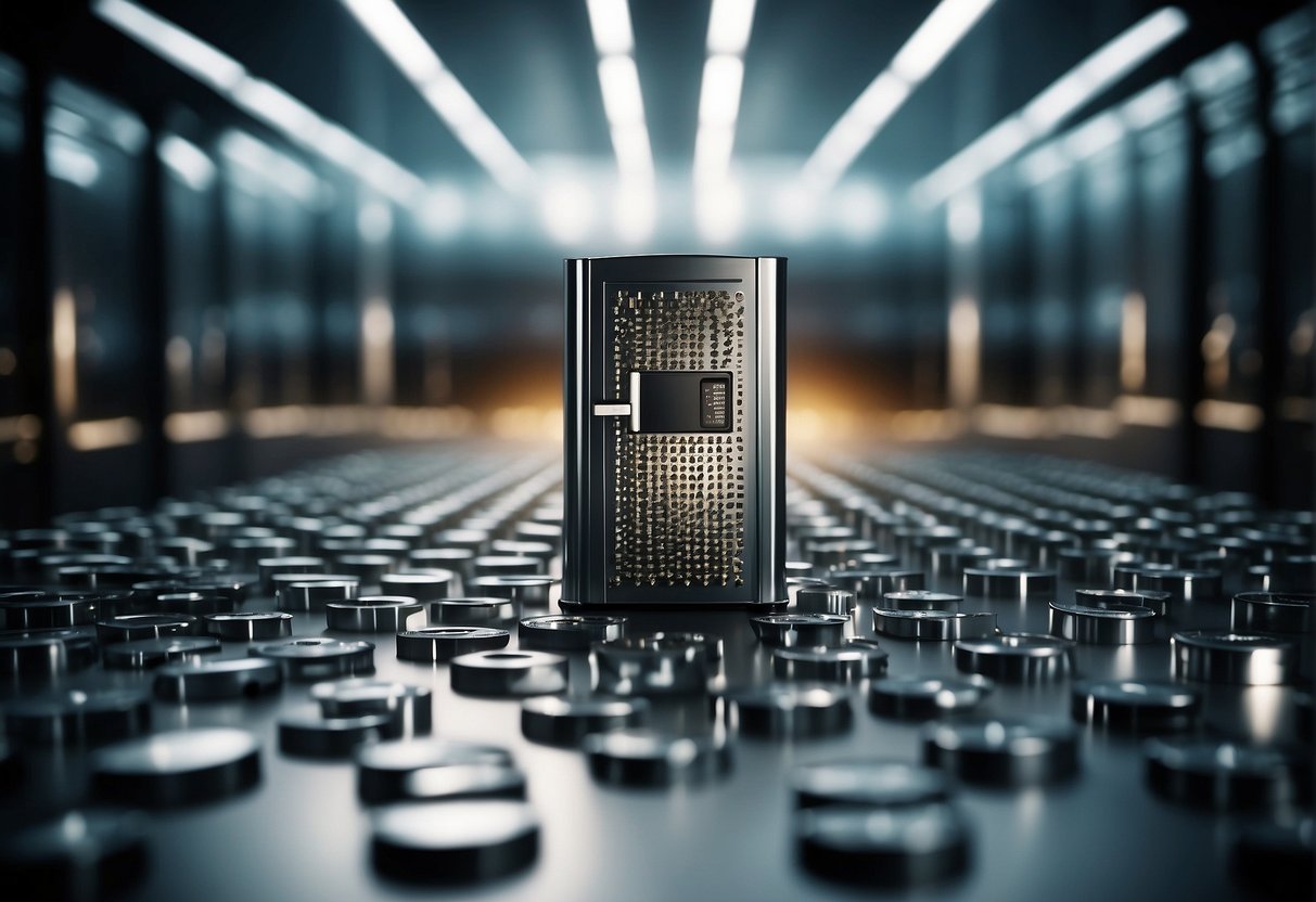 A secure vault with a digital lock, surrounded by a force field. A shredder destroying old hard drives. A shield protecting sensitive data from cyber threats