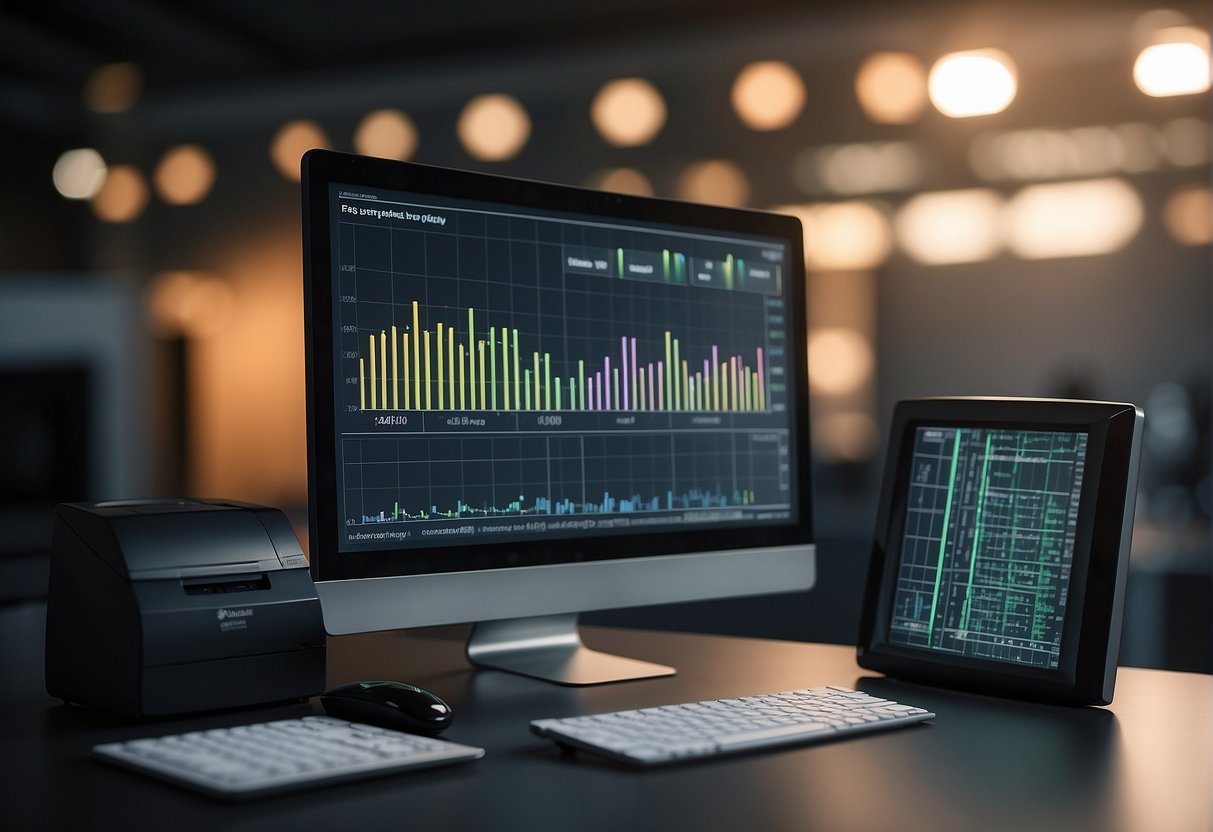 A computer screen displays a graph showing increased efficiency and cost savings. A shredder in the background erases data, symbolizing operational benefits