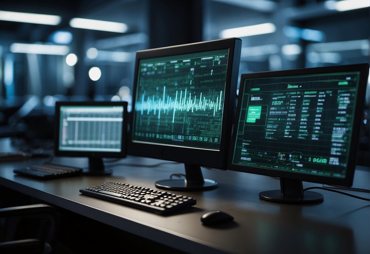 A computer screen displaying a secure data erasure process with a progress bar and a checkmark symbol, surrounded by technological equipment and tools for data management