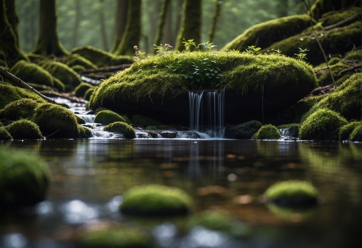 A serene forest with a clear stream, showcasing the harmony between nature and technology. A computer and data erasure tools sit on a mossy rock, symbolizing the benefits of responsible environmental practices in the digital age