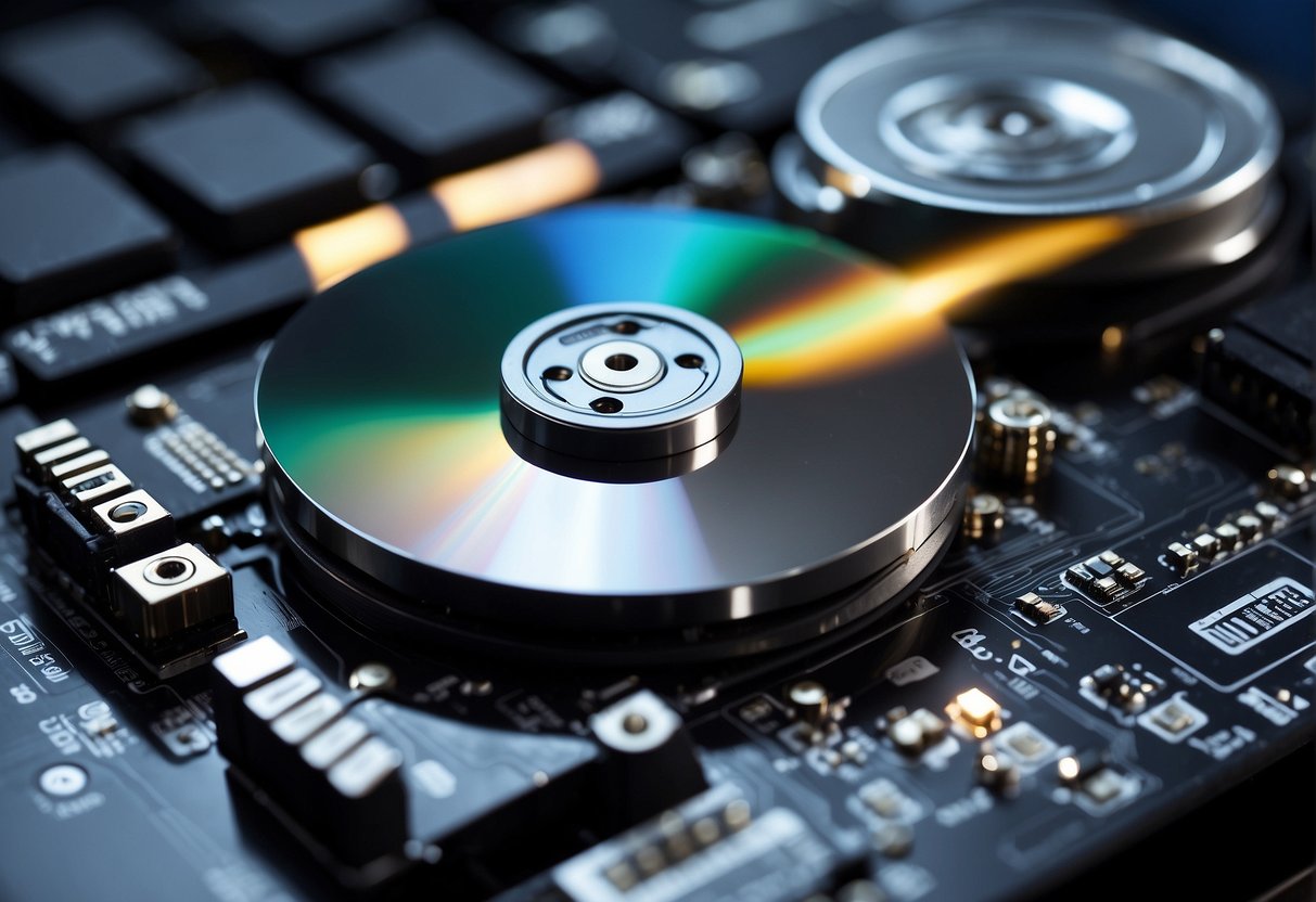 A computer hard drive being wiped clean with a digital eraser tool, surrounded by binary code and data symbols
