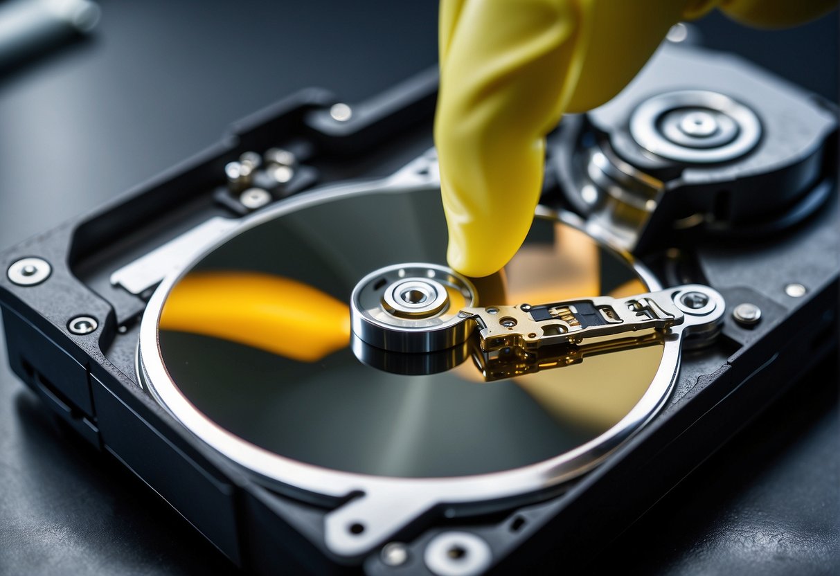 A computer hard drive being wiped clean with a secure data erasure software, ensuring compliance with regulatory standards