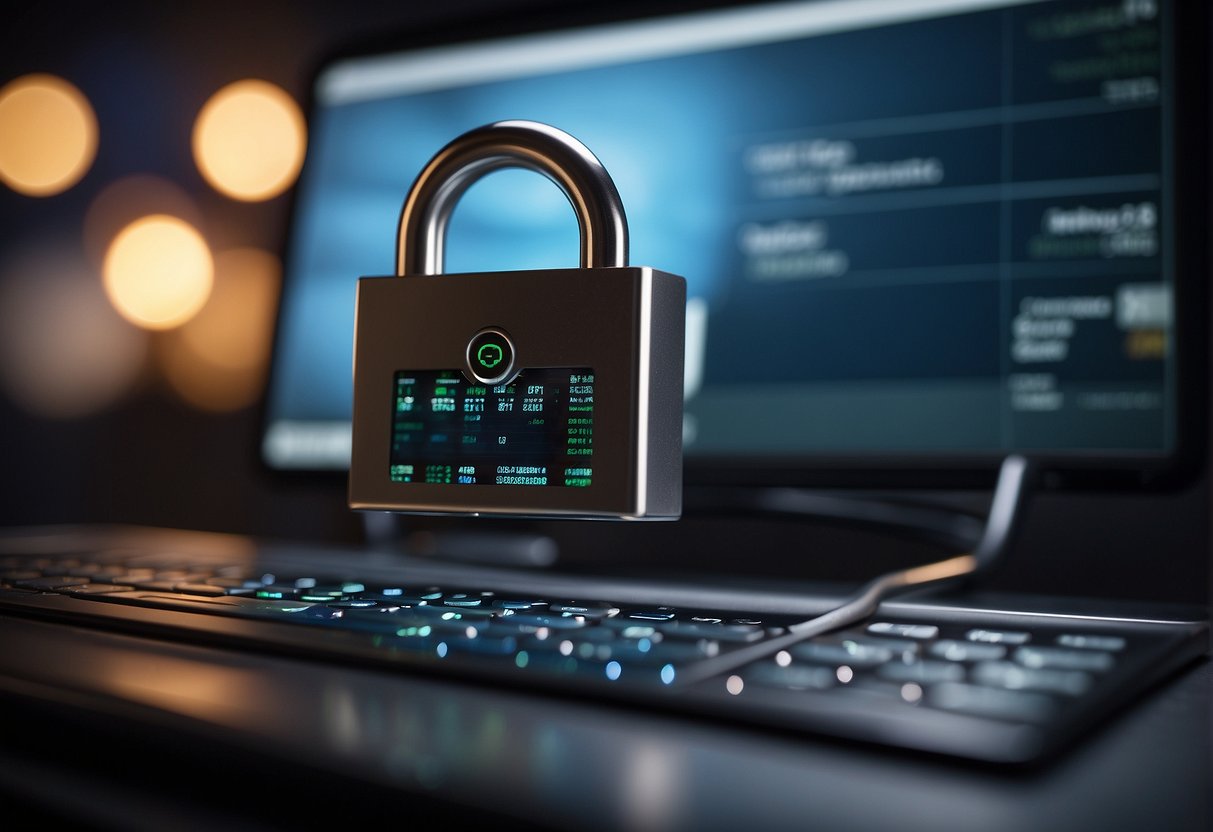 A computer screen displaying a progress bar for data erasure, with a padlock icon symbolizing sensitive information protection