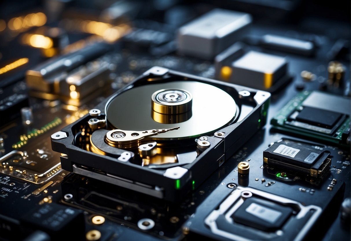 A computer hard drive being wiped clean with a secure data erasure tool, surrounded by other IT assets being cataloged and managed