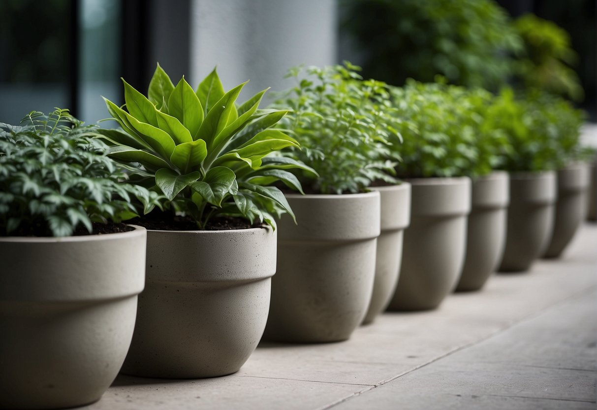 Several concrete pot plants arranged in a row, varying in size and shape, with green foliage spilling over the edges