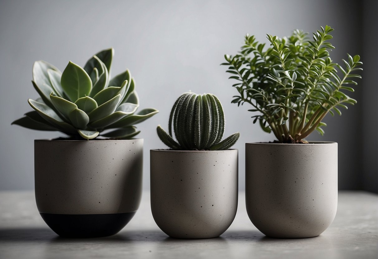 Several concrete pot plants arranged in a modern, minimalist design. Varying heights and shapes create visual interest