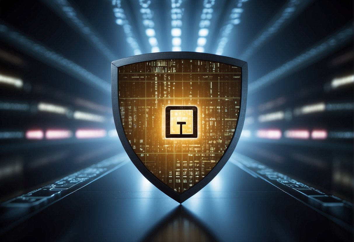 A computer screen displays a file being erased, while a shield symbolizes data protection. The impact of data erasure on integrity and accuracy is depicted through a cracked and distorted data symbol