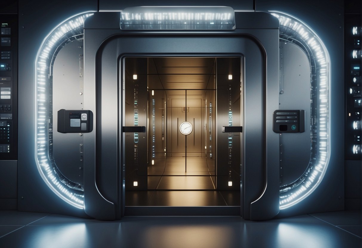 A secure vault door opening to reveal a pristine, organized data storage facility, with a focus on data erasure tools and compliance documentation