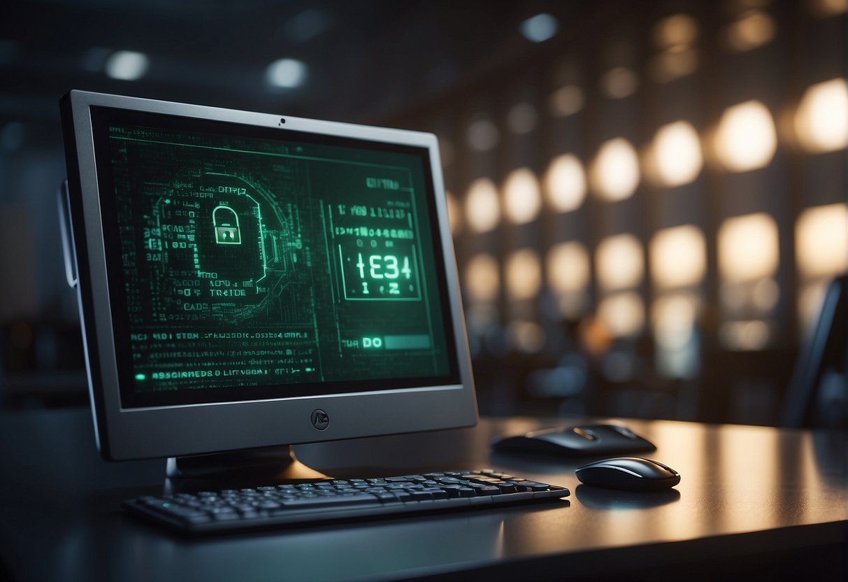 A computer screen displaying a progress bar erasing data. A locked padlock symbol represents data integrity. A magnifying glass highlights accuracy