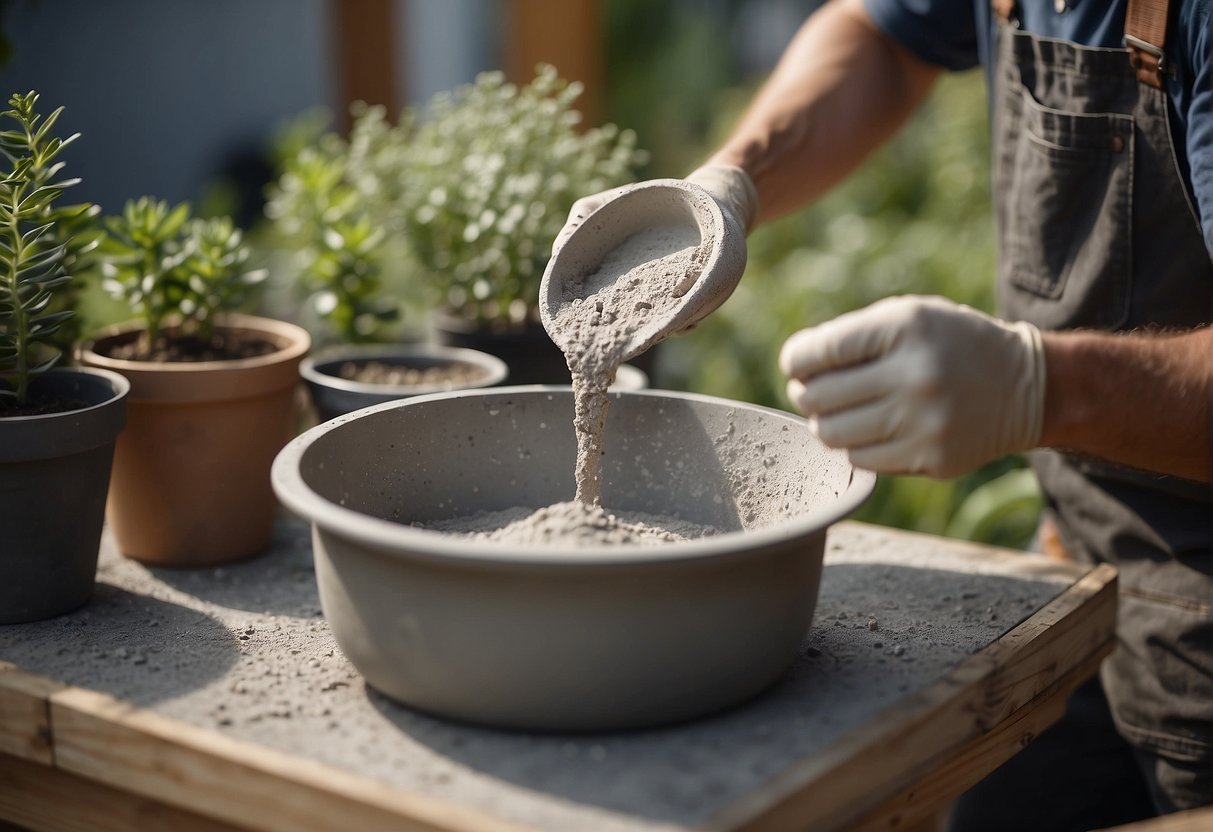 A person pouring concrete mix into a mold to create a pot. Plants and gardening tools are nearby