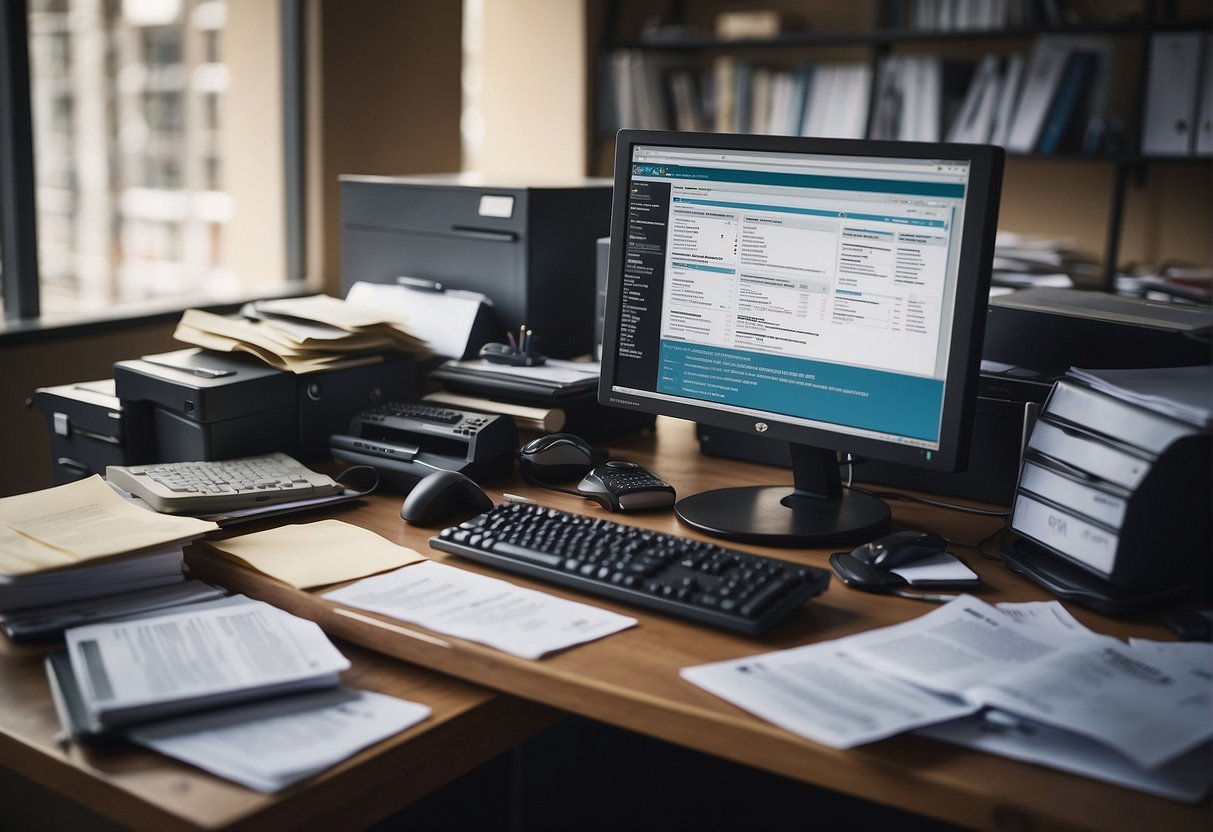 A cluttered office desk with scattered files and a computer screen displaying error messages, symbolizing the impact of data erasure on businesses' data integrity and accuracy