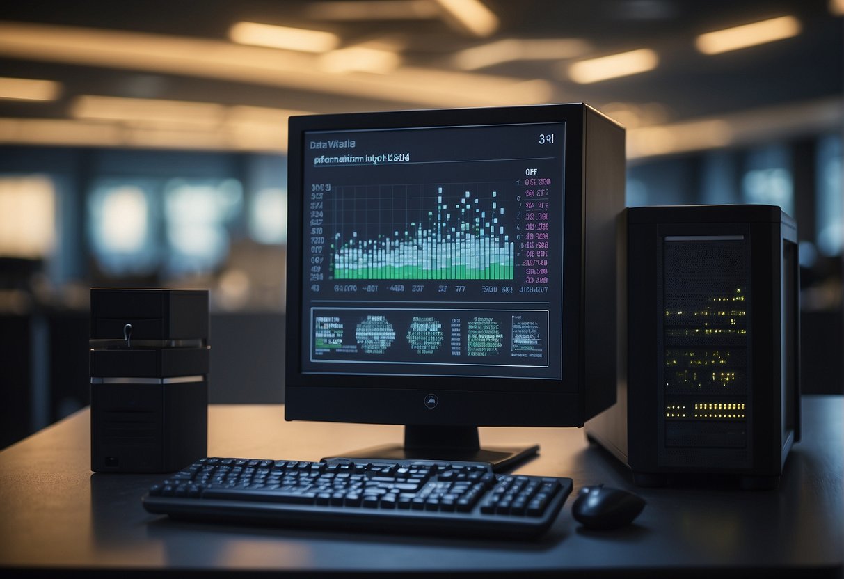 A computer screen displaying a progress bar as data is being erased. A file cabinet symbolizing data integrity and accuracy stands in the background