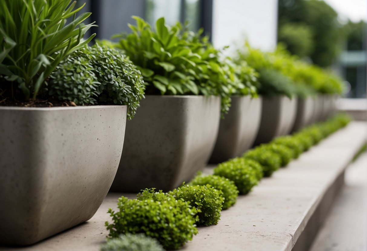 Several concrete planters arranged in a row, each filled with vibrant green plants. The planters are of different sizes and shapes, adding visual interest to the scene