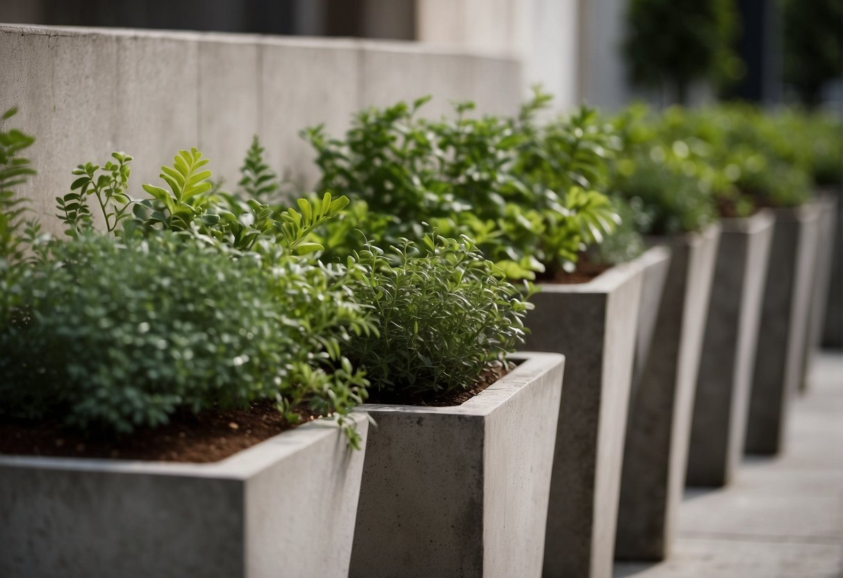 Several large concrete planters arranged in a neat row, varying in size and shape, with greenery spilling over the edges