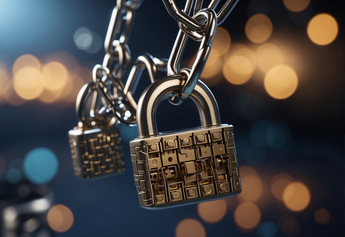 A chain of interconnected blocks with locks and keys, symbolizing data security. Eraser icon hovering above, representing data erasure for enhanced blockchain security