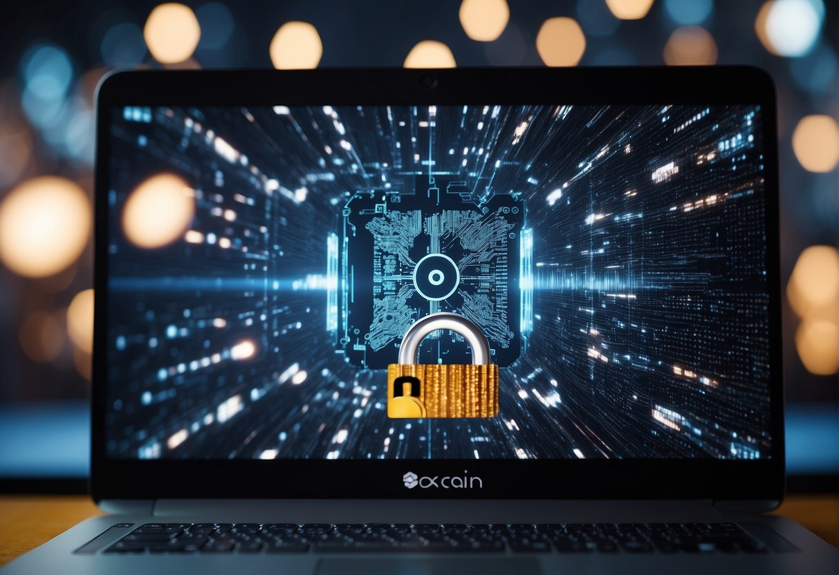 A computer screen displaying a blockchain network being wiped clean, with a lock symbol appearing to signify enhanced security through data erasure
