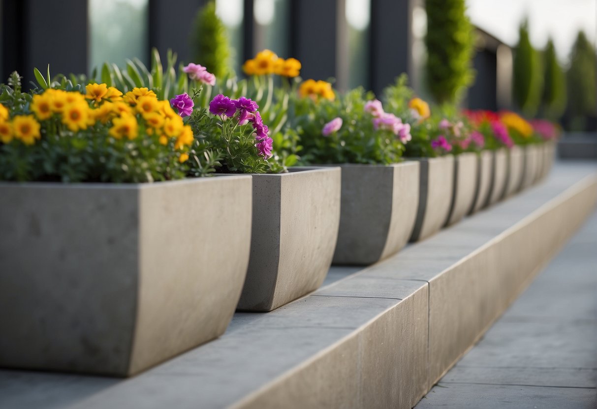 A variety of colorful flowers and green plants thrive in a row of modern concrete planters, adding a touch of natural beauty to a stylish outdoor space