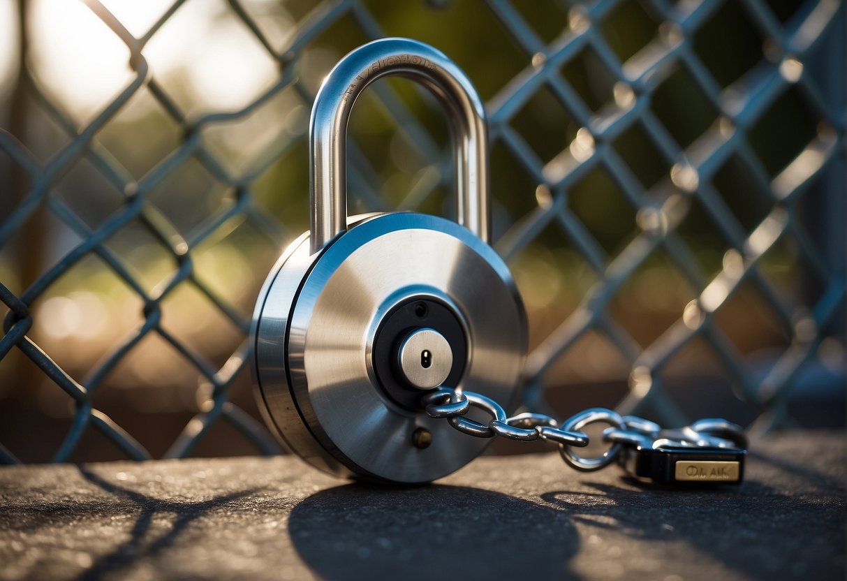 A locked vault with a digital padlock, surrounded by a chain-link fence and guarded by a vigilant watchdog