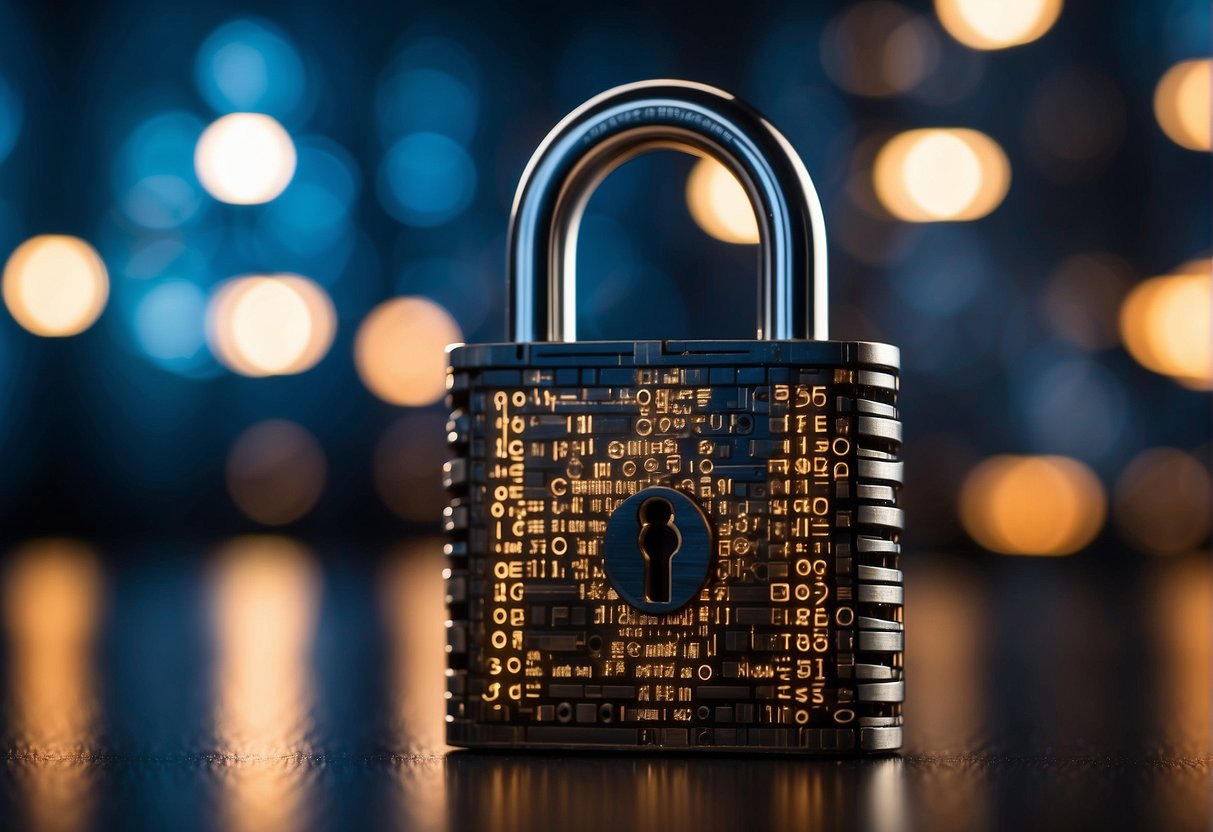 A padlock symbolizing blockchain security, surrounded by firewalls and encryption codes, with a looming shadow of potential threats in the background