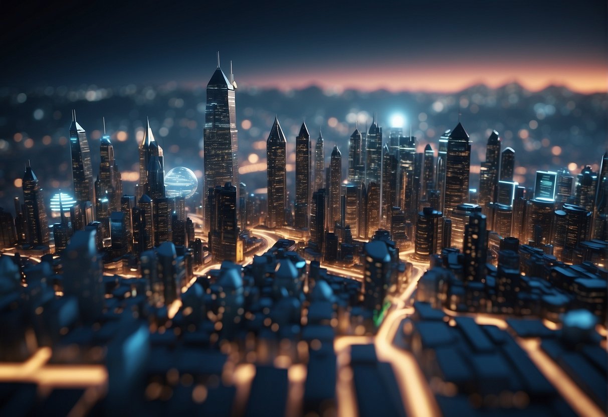 A futuristic city skyline with data erasure technology merging with blockchain, symbolizing enhanced security and privacy