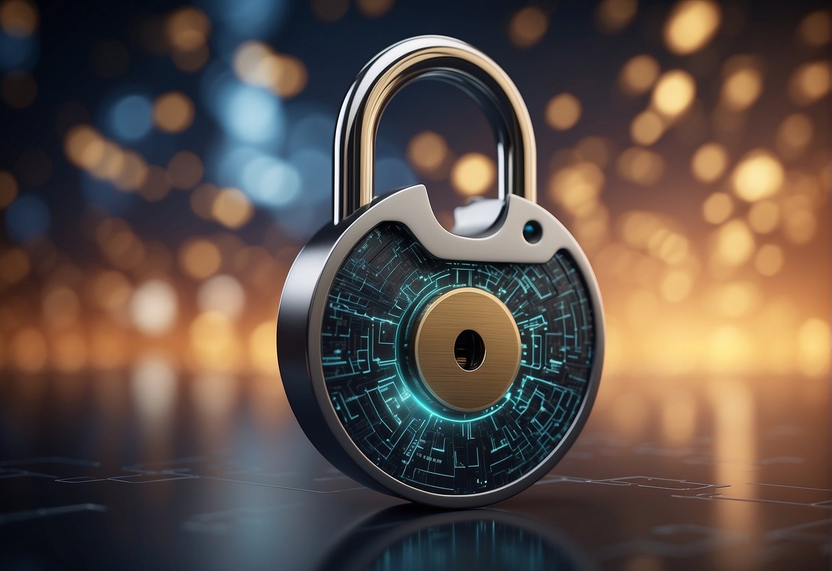A padlock icon hovering over a blockchain network, with a data erasure tool sweeping through to enhance security