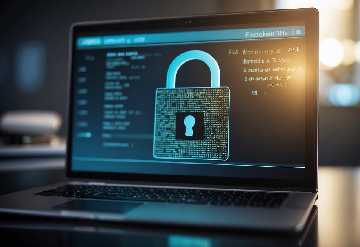 A computer screen displaying a secure data erasure process on electronic health records, with a lock icon symbolizing protection and confidentiality
