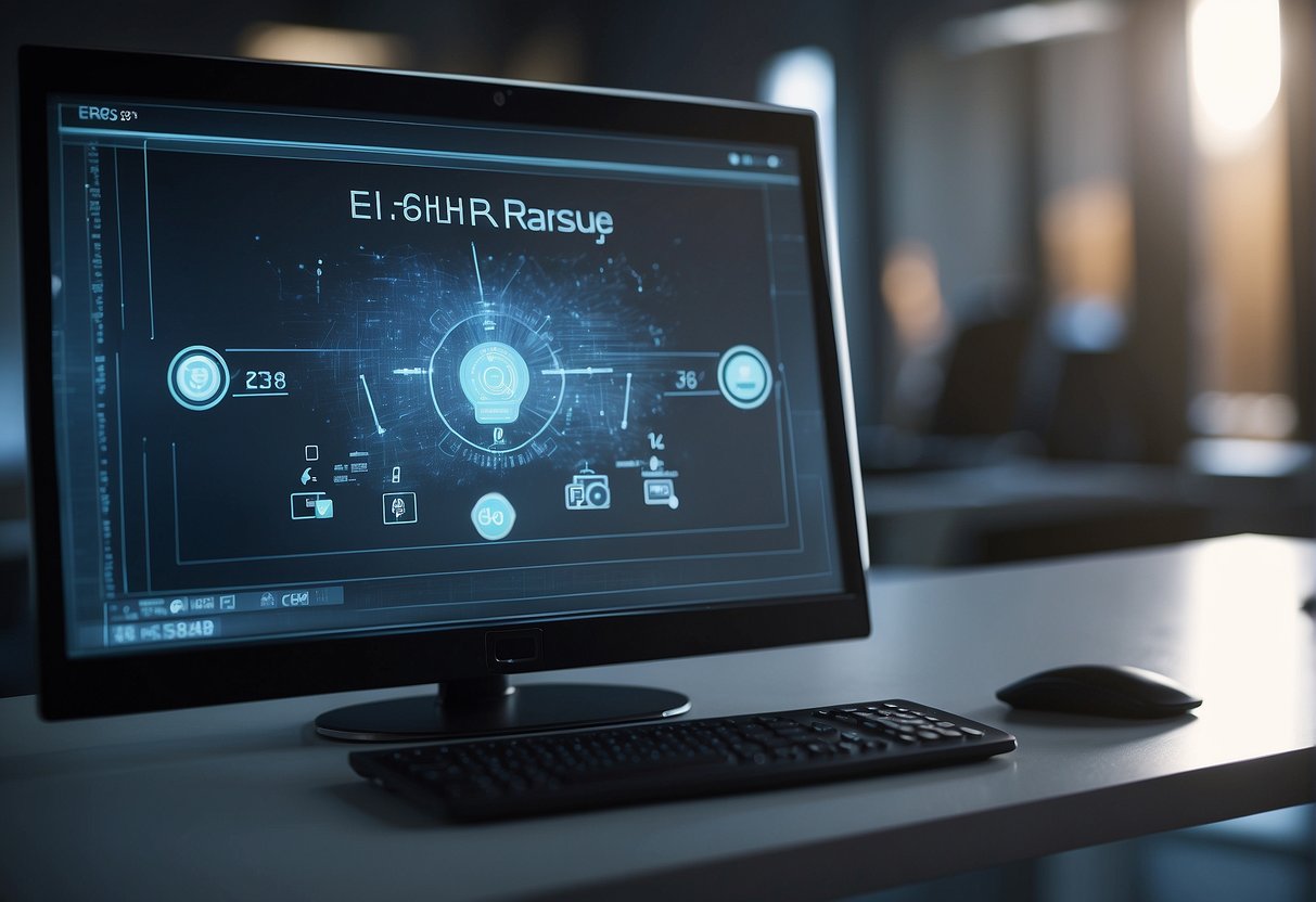 A computer screen displaying a secure data erasure process for EHR management, with a digital lock symbol and a progress bar indicating the completion of the erasure