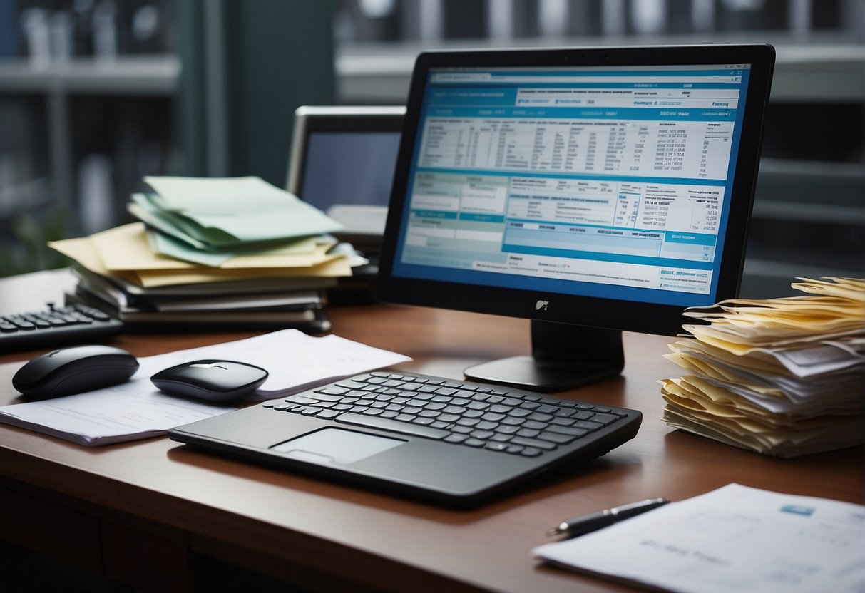 A cluttered desk with scattered papers and a computer screen displaying EHR data erasure software in action