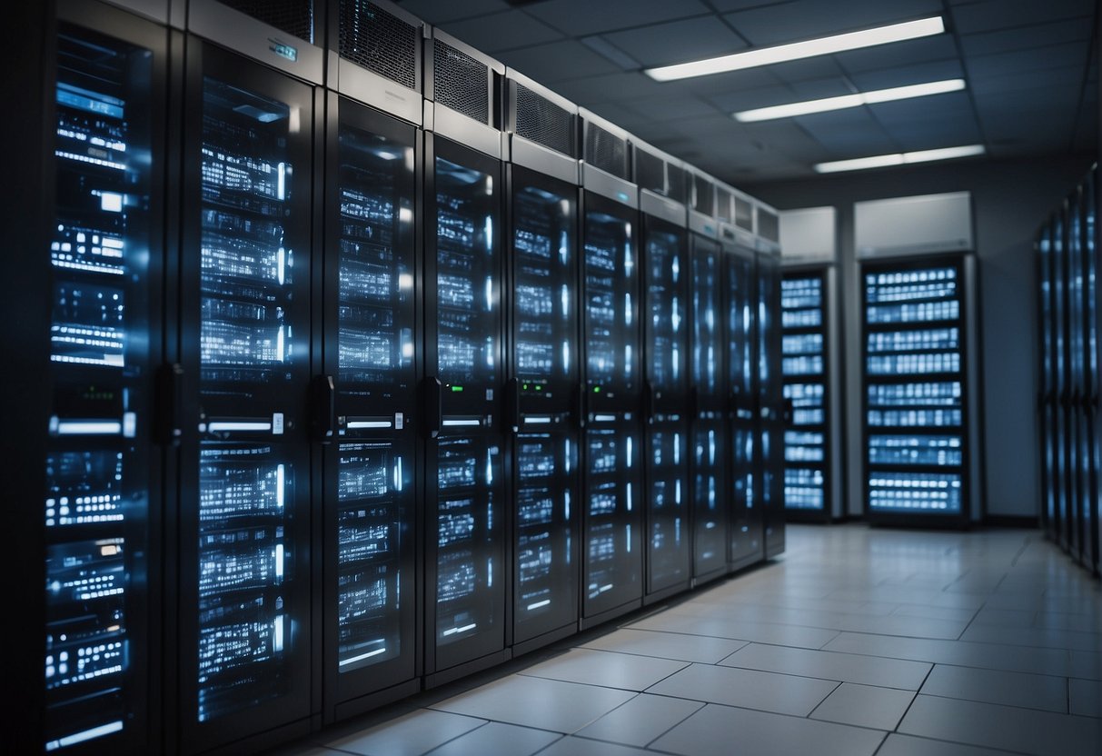 A server room with rows of electronic health record (EHR) servers being wiped clean by a data erasure process