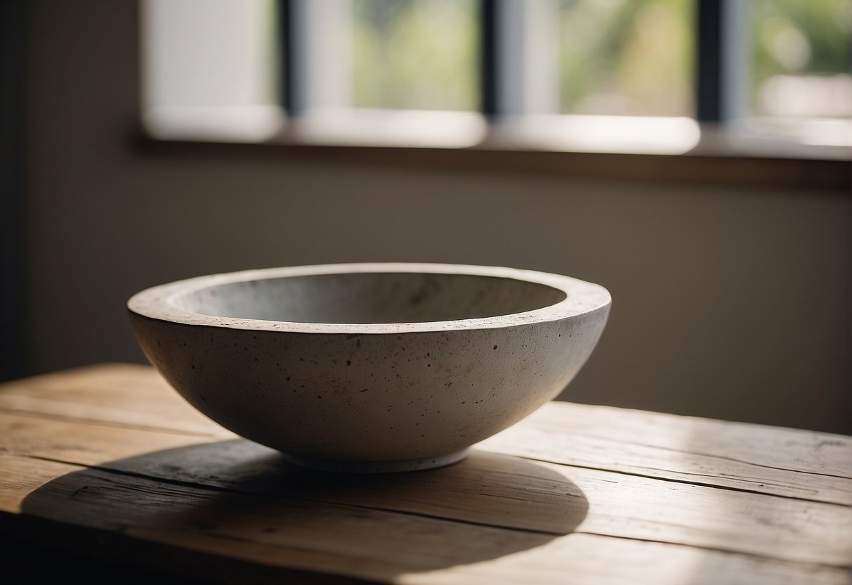 A concrete bowl sits on a weathered wooden table, bathed in soft natural light from a nearby window