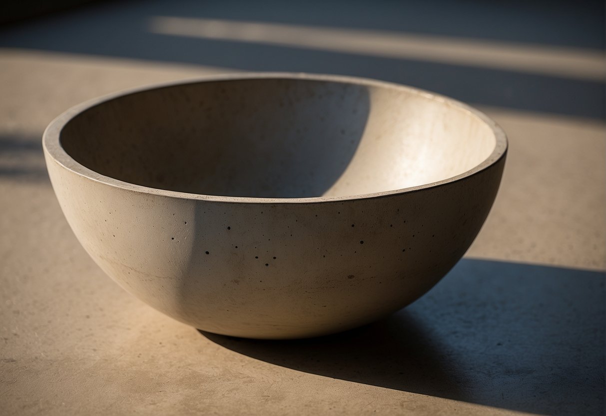 A concrete bowl with sleek, curved edges sits atop a smooth surface, casting a shadow in the soft, warm light
