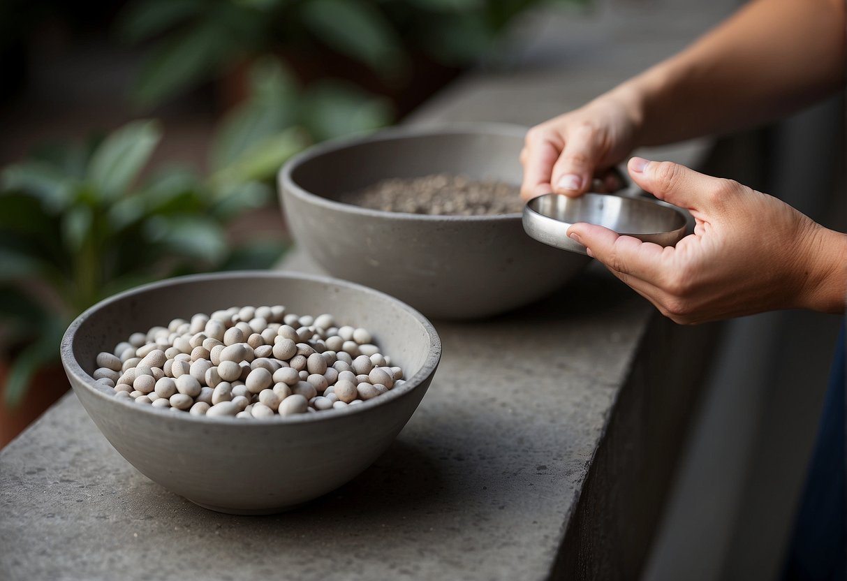 A hand reaches for a concrete bowl filled with various applications