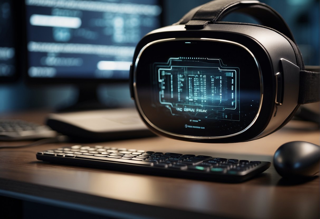 A digital interface displaying a virtual reality headset connected to a computer, with data erasure software running in the background