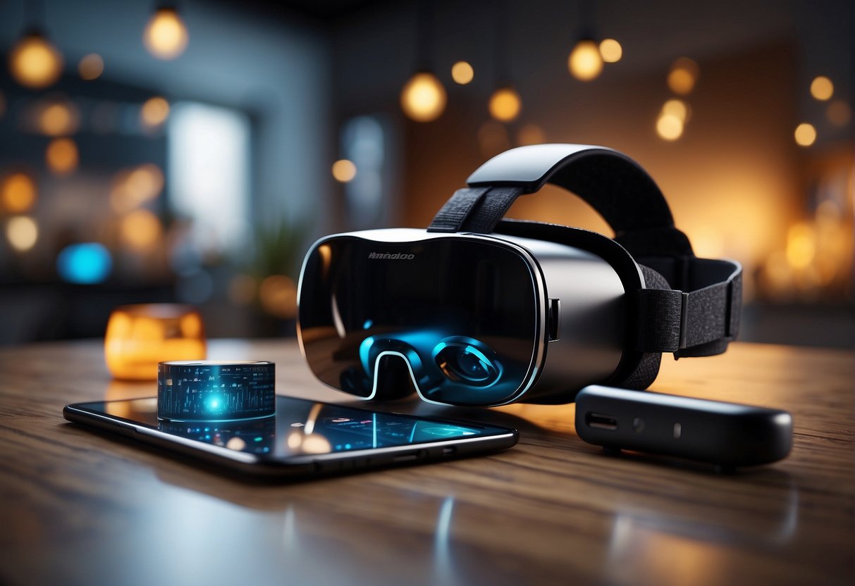 A virtual reality headset surrounded by various objects representing diverse domains, with a digital eraser tool visible on the screen