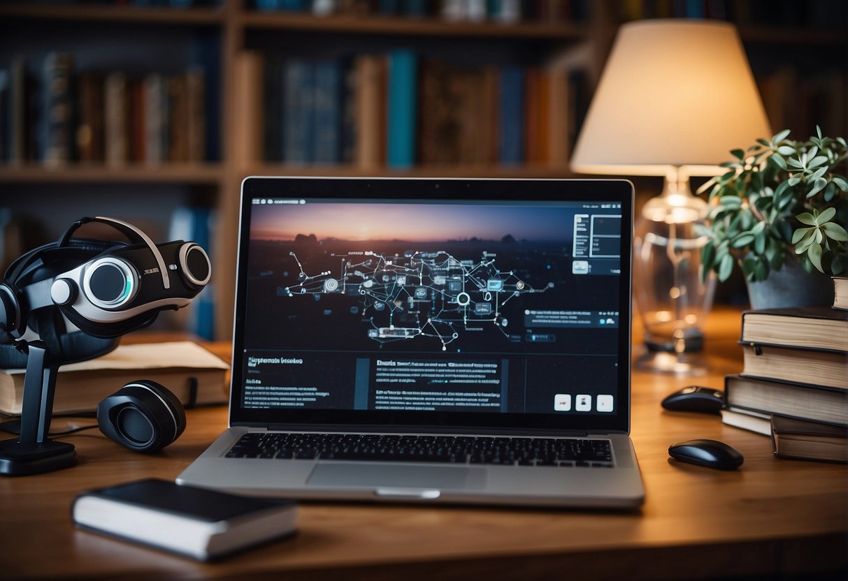 A virtual reality headset connected to a computer with a secure data erasure software displayed on the screen, surrounded by books and research papers on technological foundations and literature review