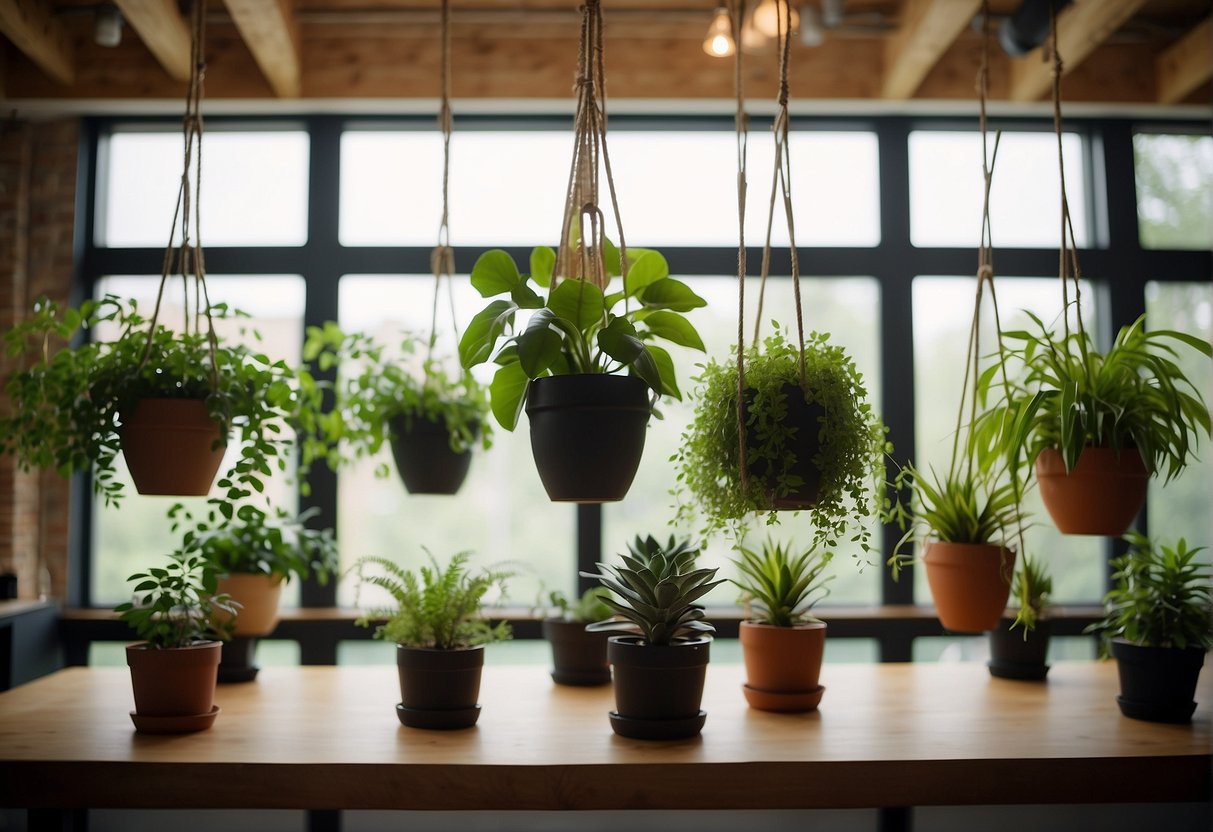 Several indoor hanging planters are suspended from the ceiling, filled with various lush green plants, creating a beautiful and natural display in a cozy room